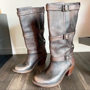 Frye Brown Leather Mid-Calf Buckle Boots
